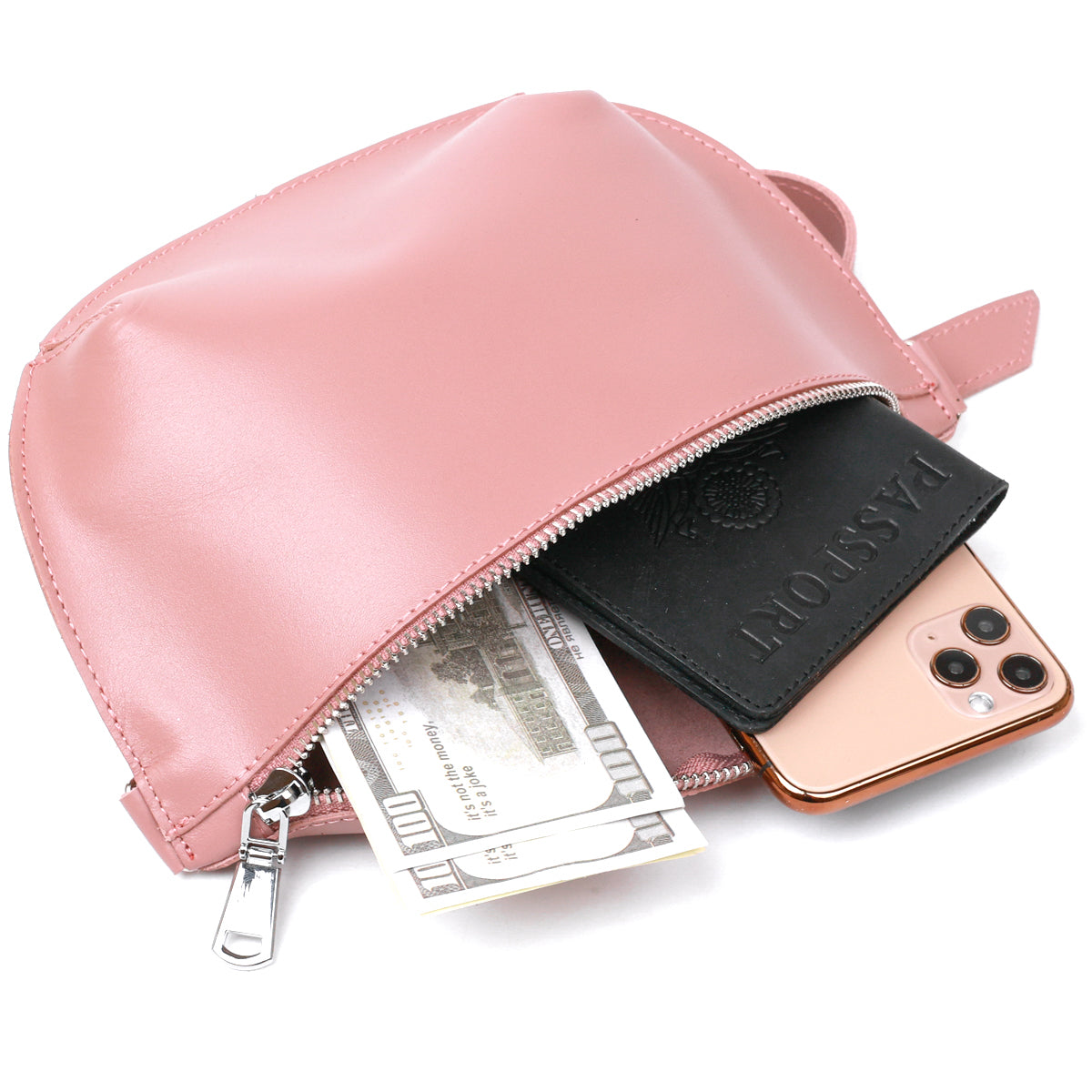 Women's Practical Leather Fanny Pack SHVIGEL 16385 Pink, Made in Ukraine