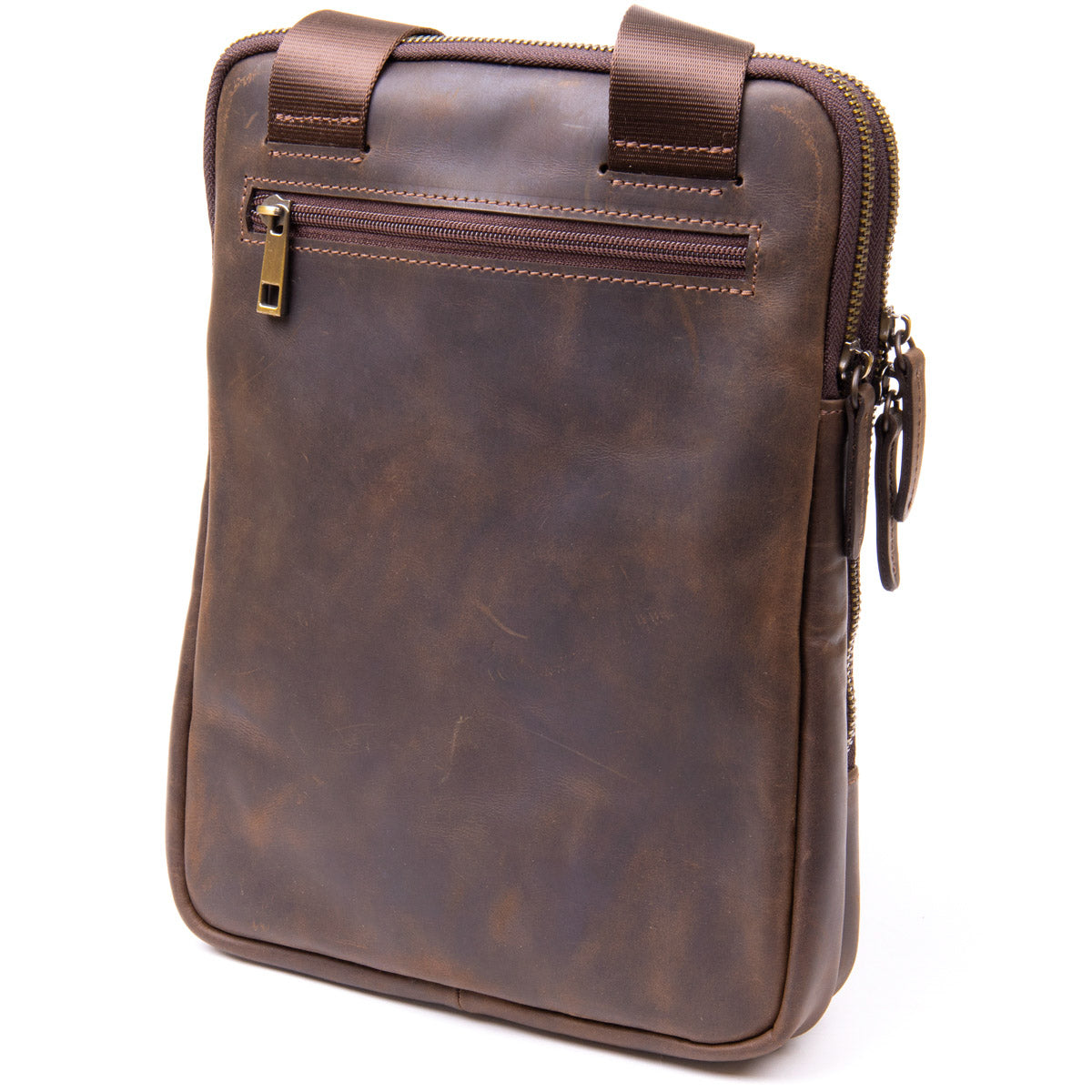 Original SHVIGEL Bag with Zippered Pocket in Matte Brown Leather 11280 - Ukrainian Craftsmanship