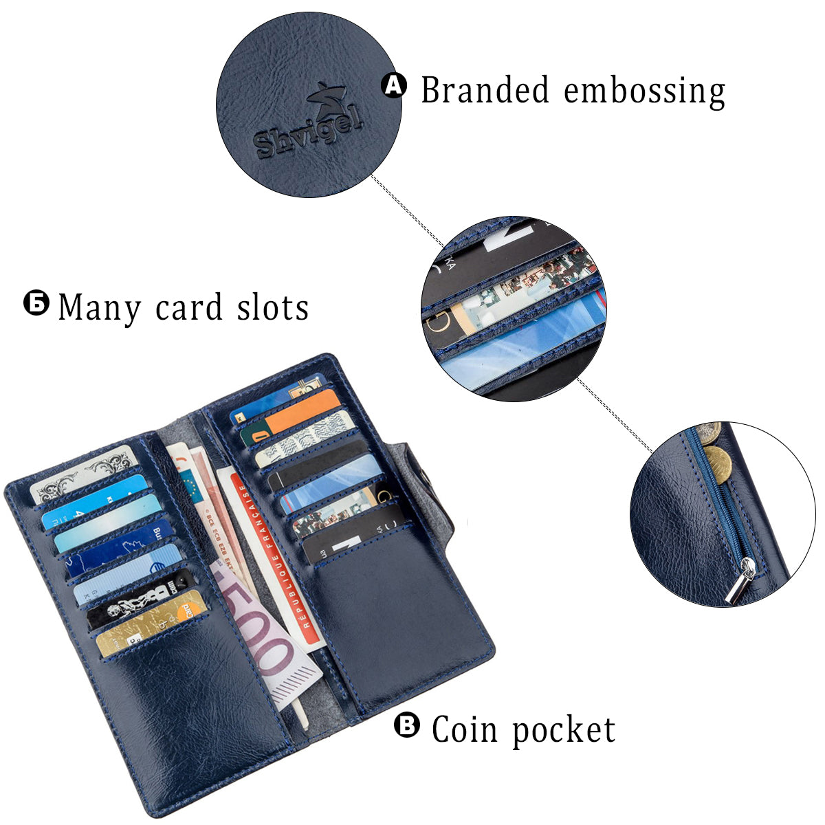 Unisex Vertical Wallet SHVIGEL 16174 Blue Alcor Leather with Snap Closure