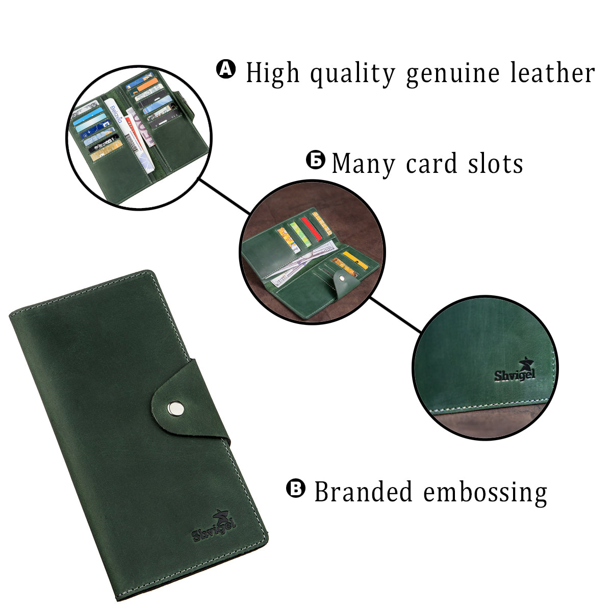 Unisex Vertical Wallet SHVIGEL 16179 Vintage Green Leather with Button Closure