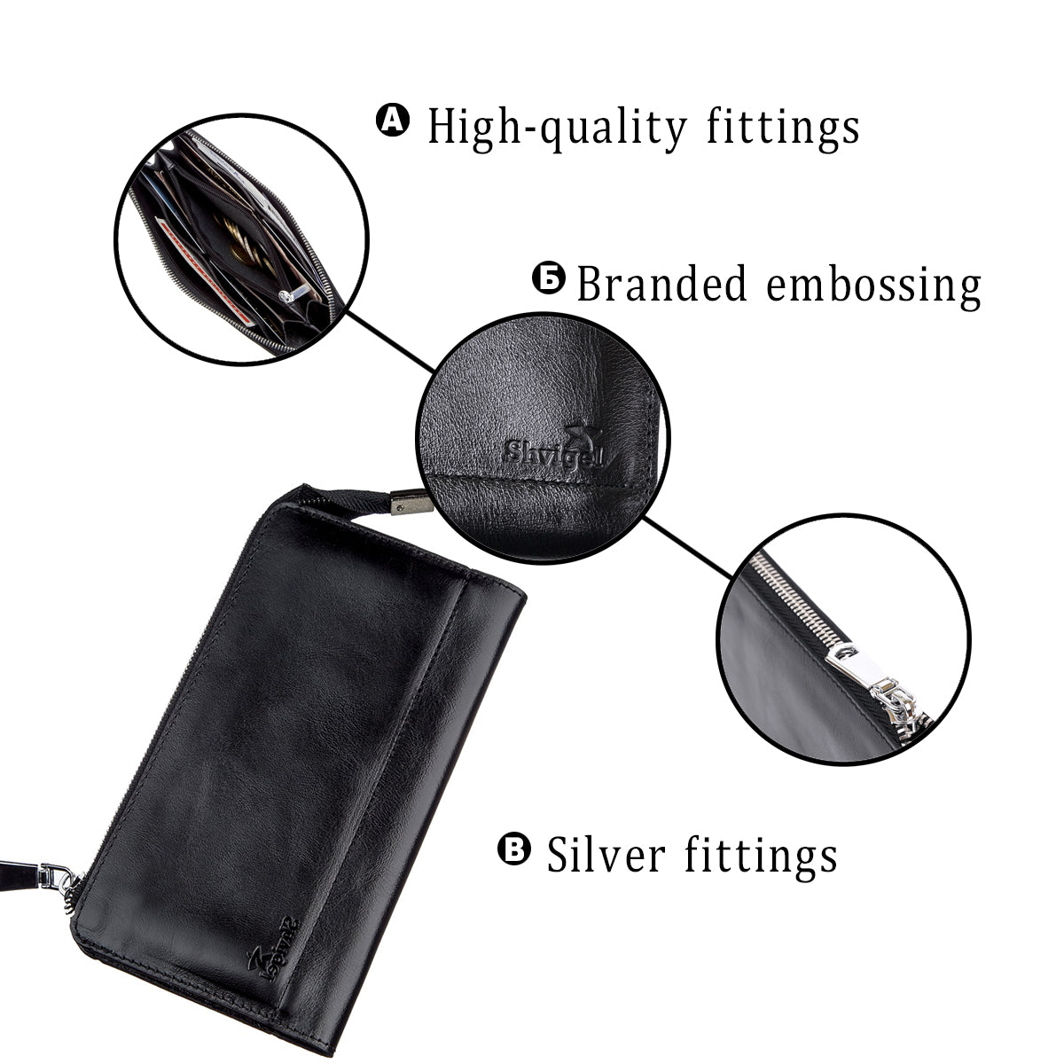 Unisex Leather Clutch SHVIGEL 16186 Black, Made in Ukraine, Natural Leather