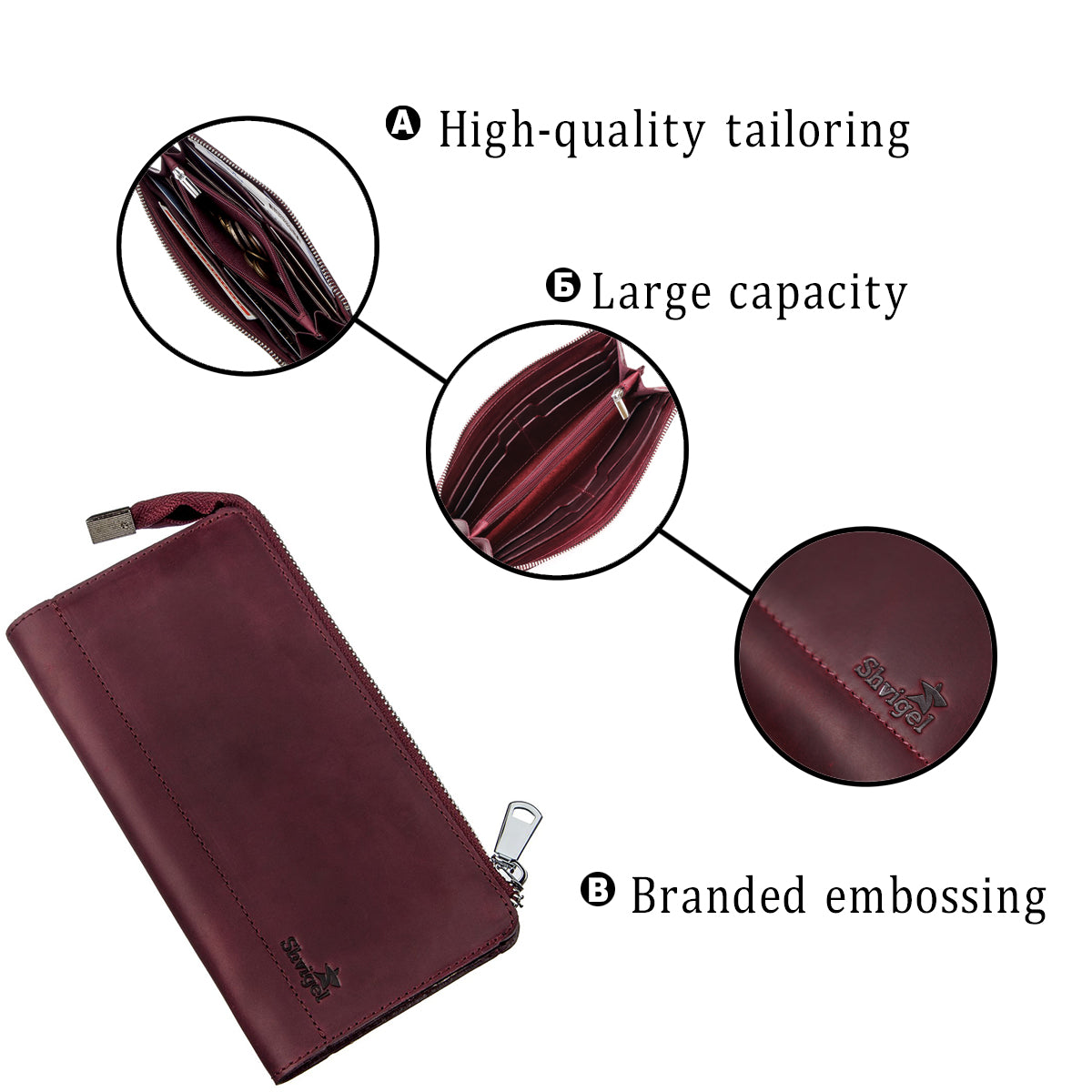 Unisex Vintage Leather Clutch by SHVIGEL 16187 in Burgundy - Natural Leather, Ukraine