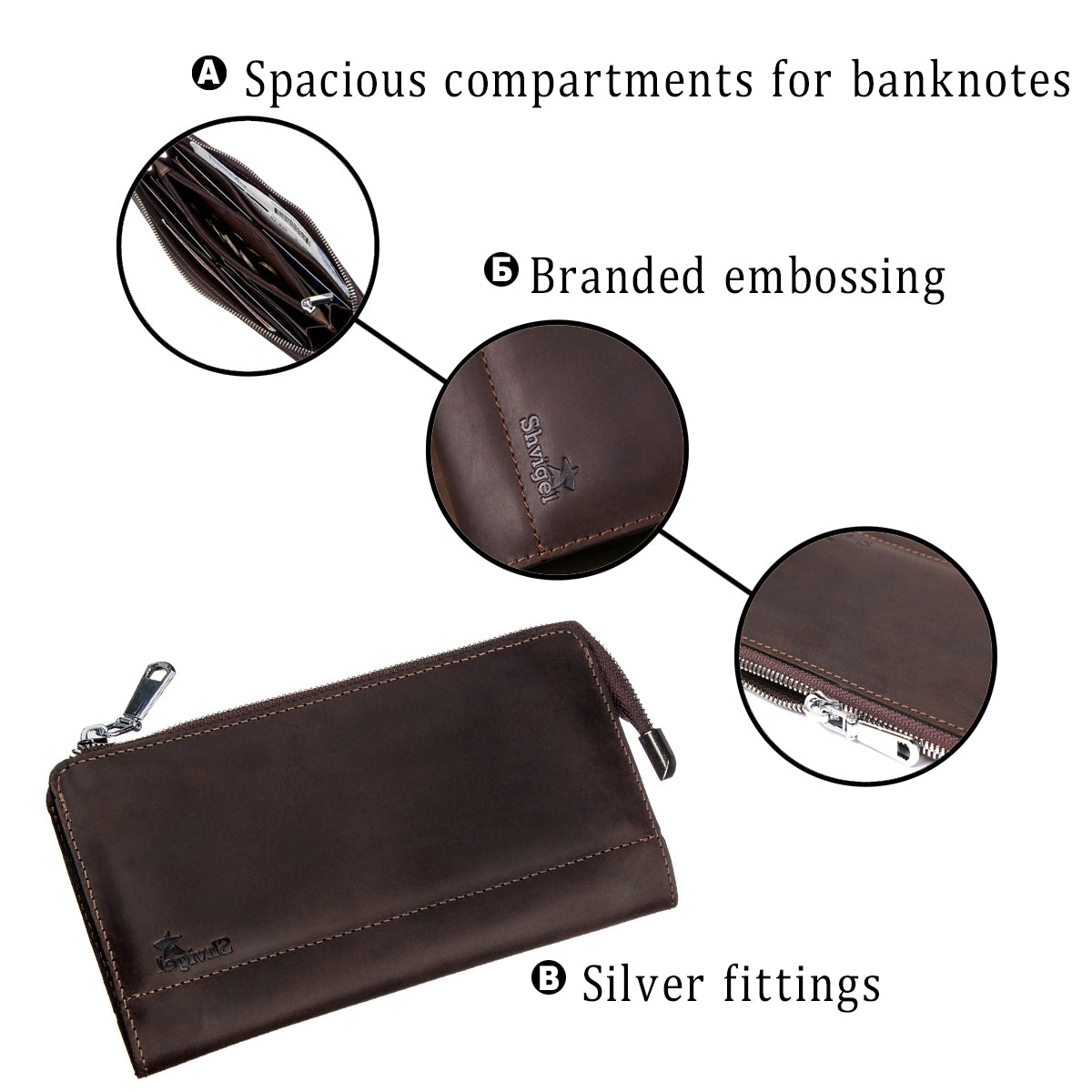 Men's Matte Leather Clutch SHVIGEL 16189 Brown Authentic Ukrainian Design Natural Leather