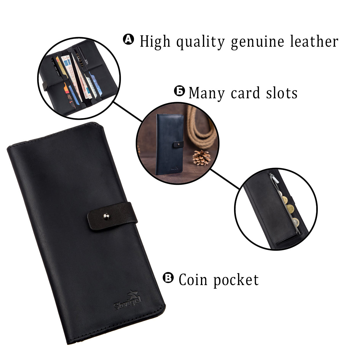 Men's Wallet SHVIGEL 16209 Vintage Black Leather, Natural Leather Material, Ukraine