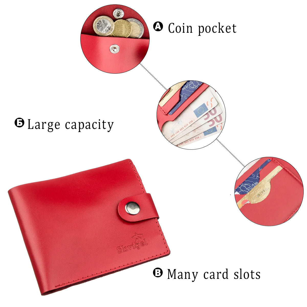 Women’s Leather Wallet with Coin Pocket SHVIGEL 16210 Red Made in Ukraine из натуральной кожи.