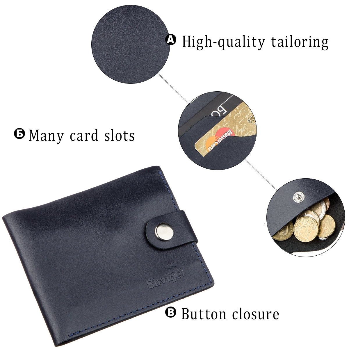 Men's Leather Wallet with Coin Pocket SHVIGEL 16212 Blue - Genuine Leather, Ukraine Made