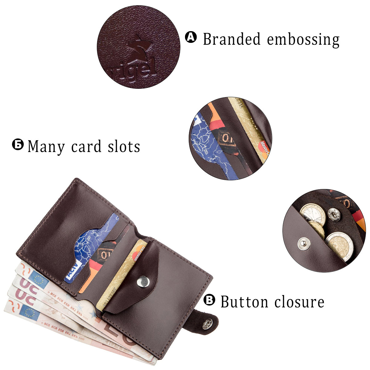 Vertical Leather Wallet for Men SHVIGEL 16218 Brown - Natural Leather, Coin Pocket
