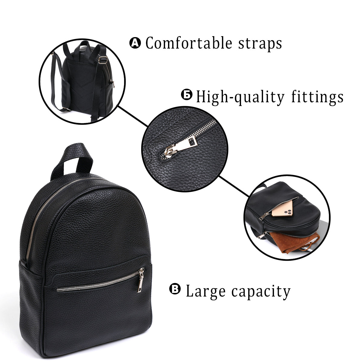 Women's Leather Backpack SHVIGEL 16302 Black - Natural Leather, Ukrainian Craftsmanship