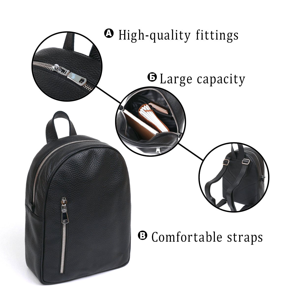 Compact Women's Backpack SHVIGEL 16317 Natural Leather Black Color Stylish Design