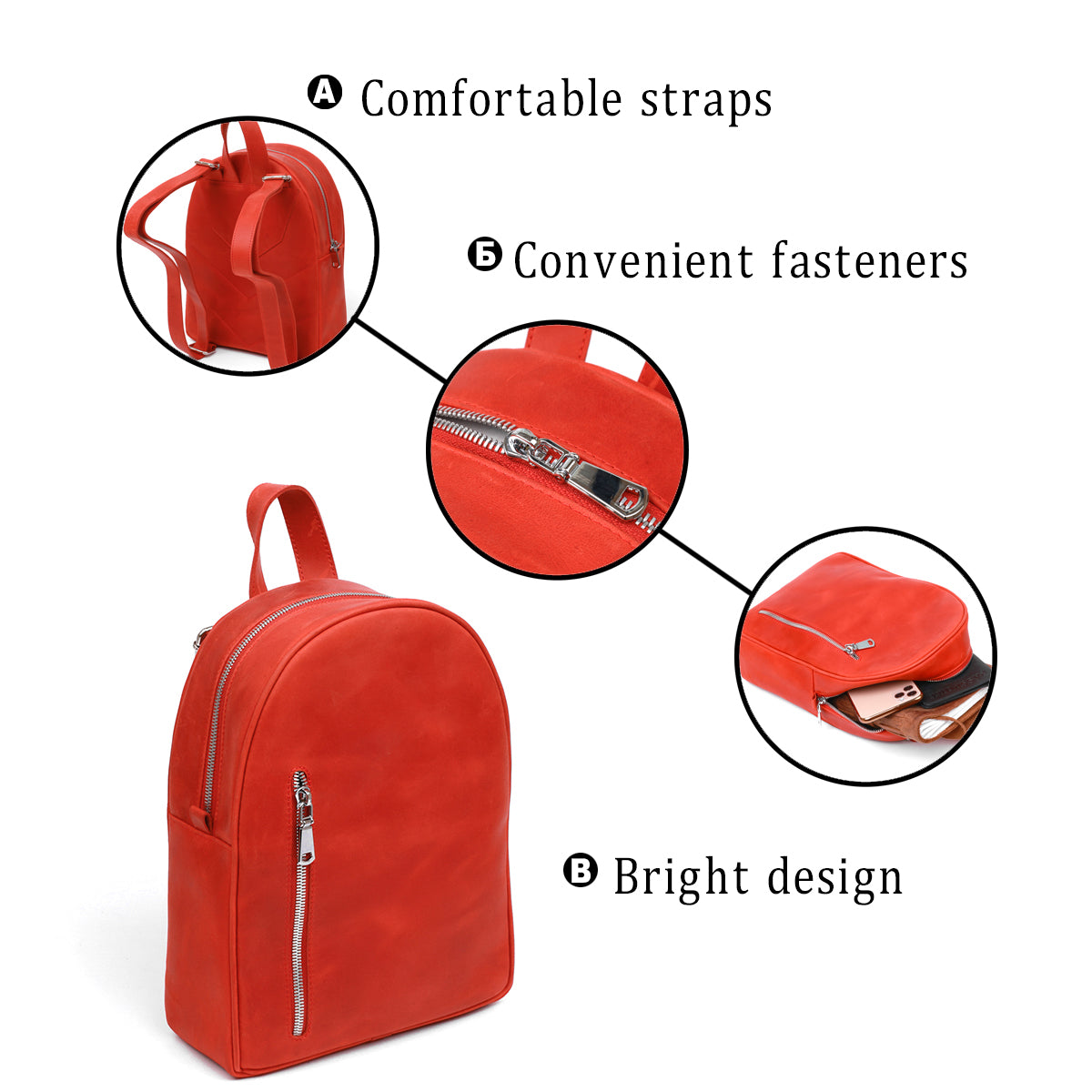 Vintage Leather Women's Backpack by SHVIGEL 16327 in Red - Made in Ukraine, Genuine Leather