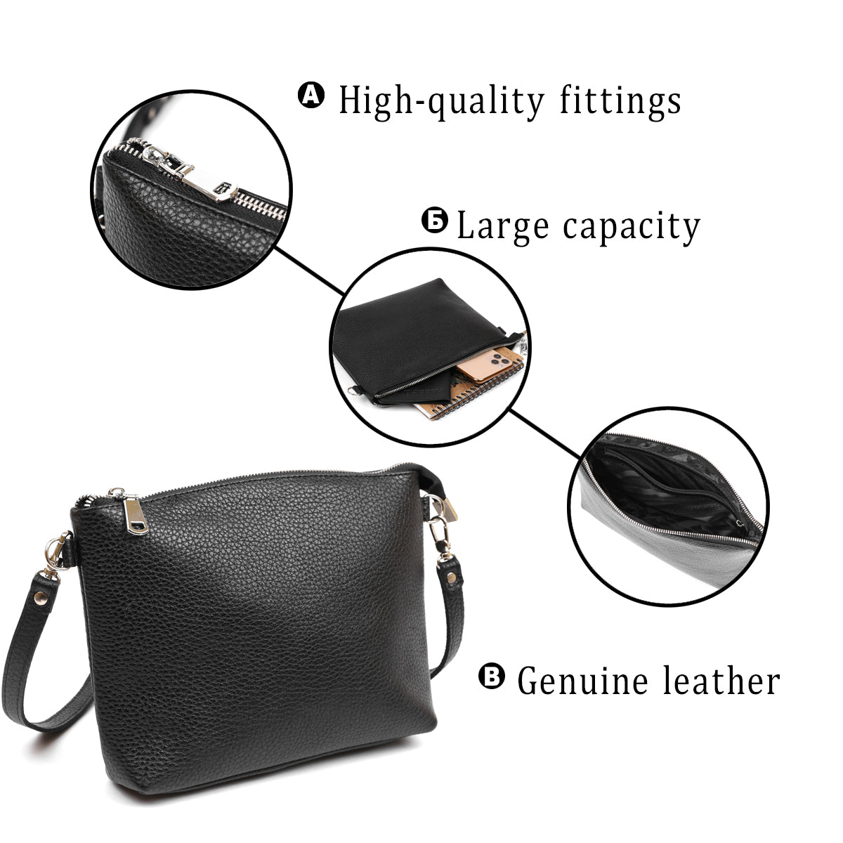 Women's Crossbody Bag SHVIGEL 16341 Black Leather - Stylish Natural Skin Design