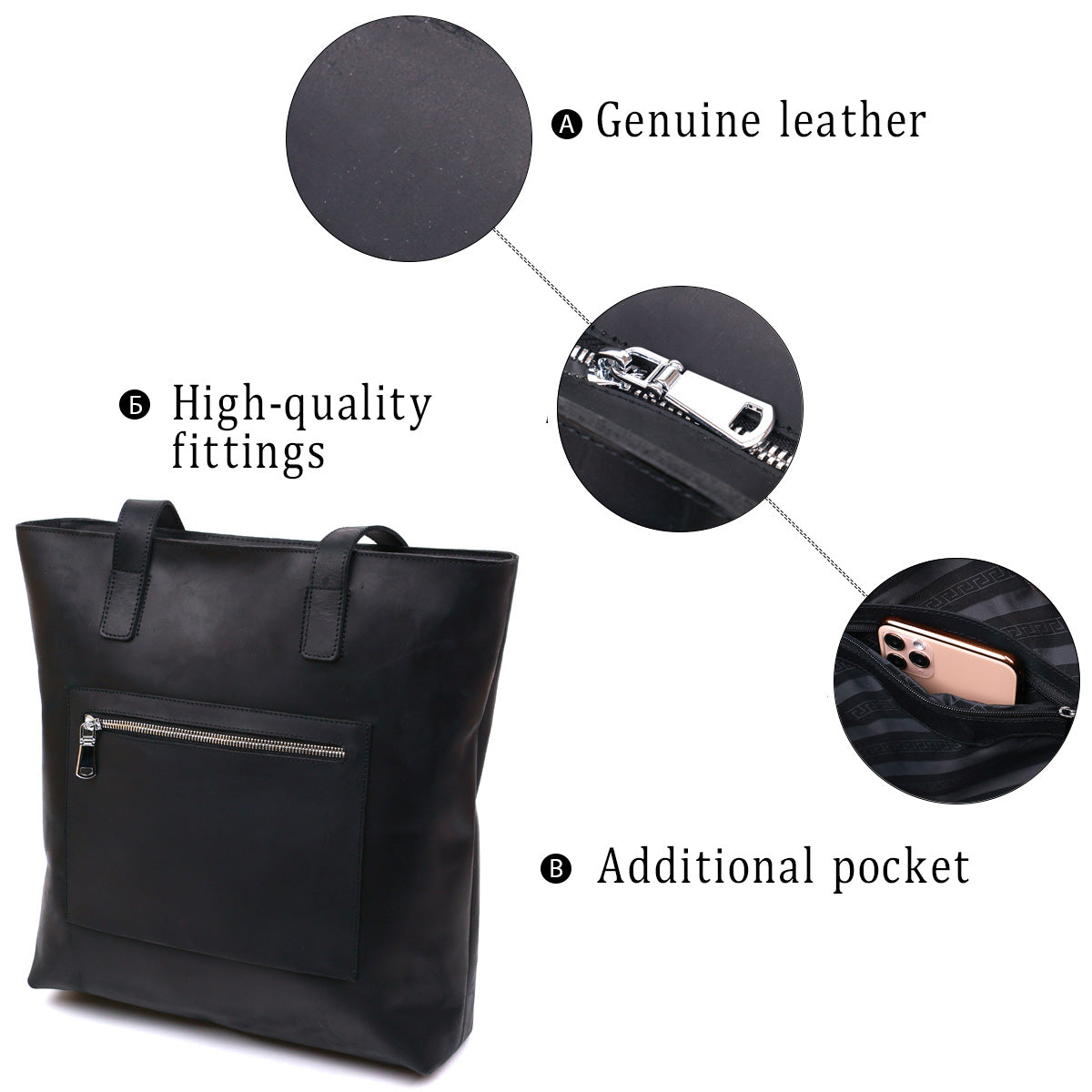 Vintage Leather Handbag SHVIGEL 16347 Black Ukrainian Natural Leather Material