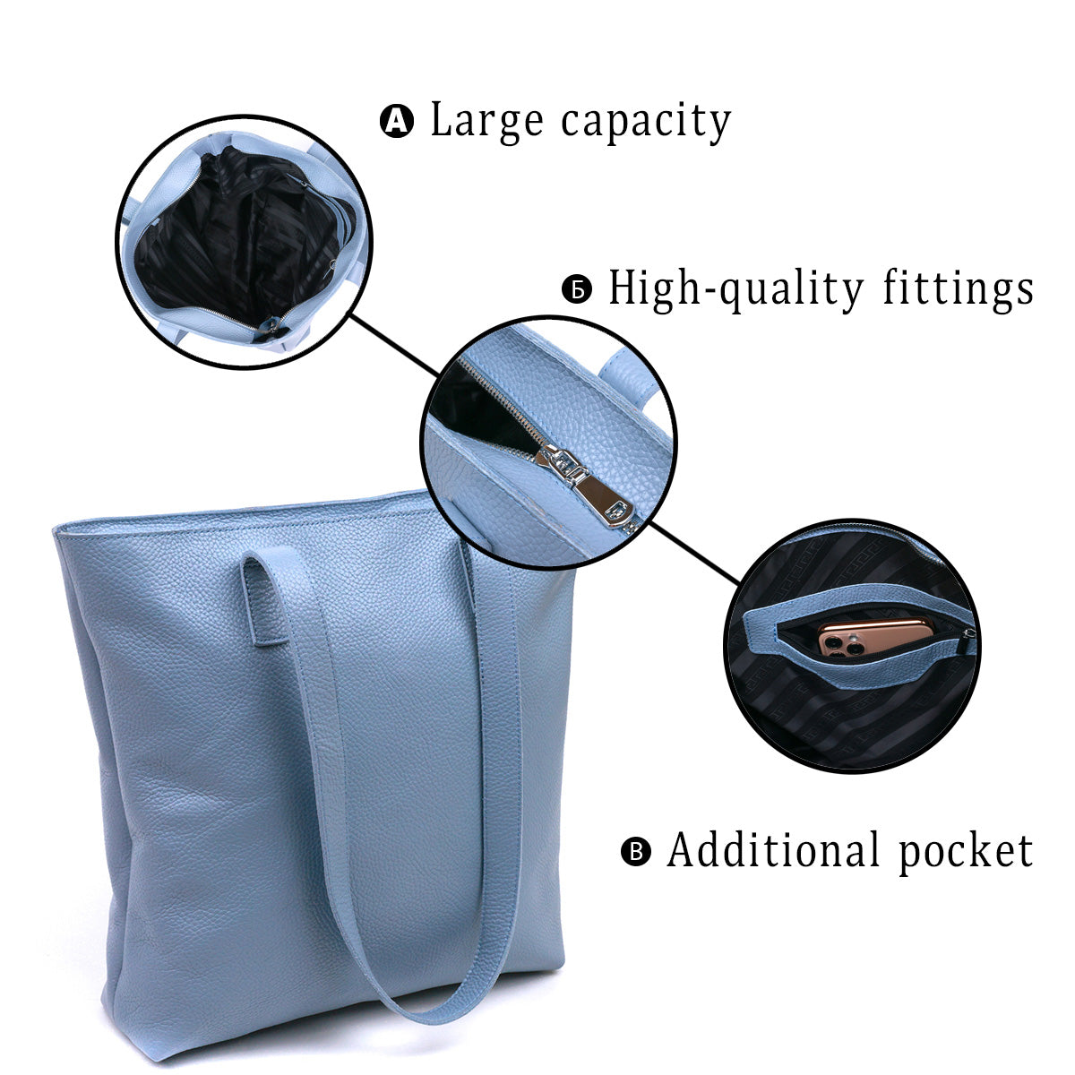 Contemporary Women's Shopper Bag SHVIGEL 16361 Light Blue Genuine Leather