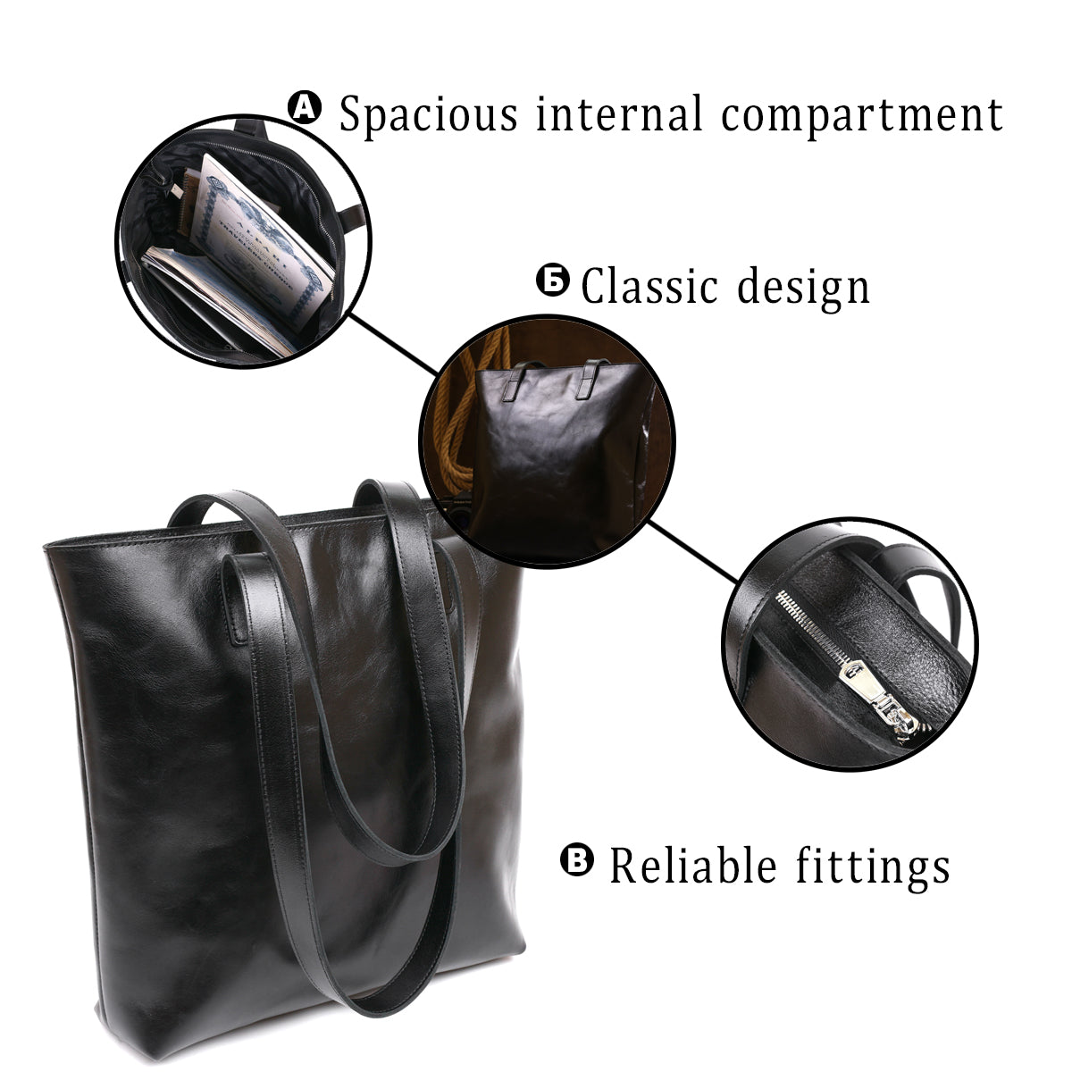 Classic Women's Leather Shopper Bag SHVIGEL 16365 Black - Natural Leather Design