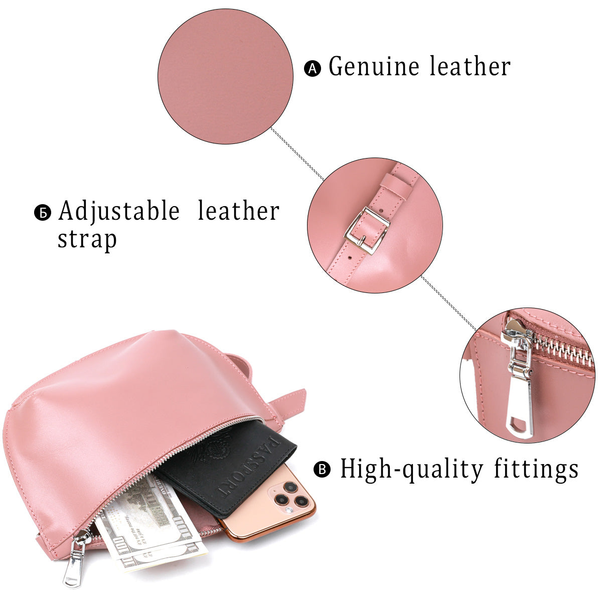 Women's Practical Leather Fanny Pack SHVIGEL 16385 Pink, Made in Ukraine