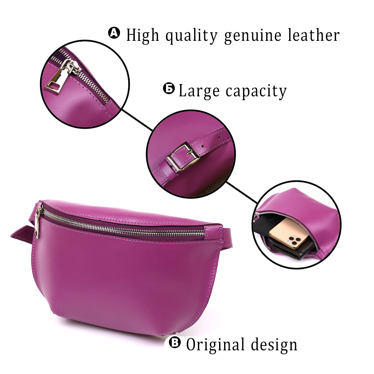 Bright Purple SHVIGEL Leather Fanny Pack 16386 - Natural Leather, Ukraine Made
