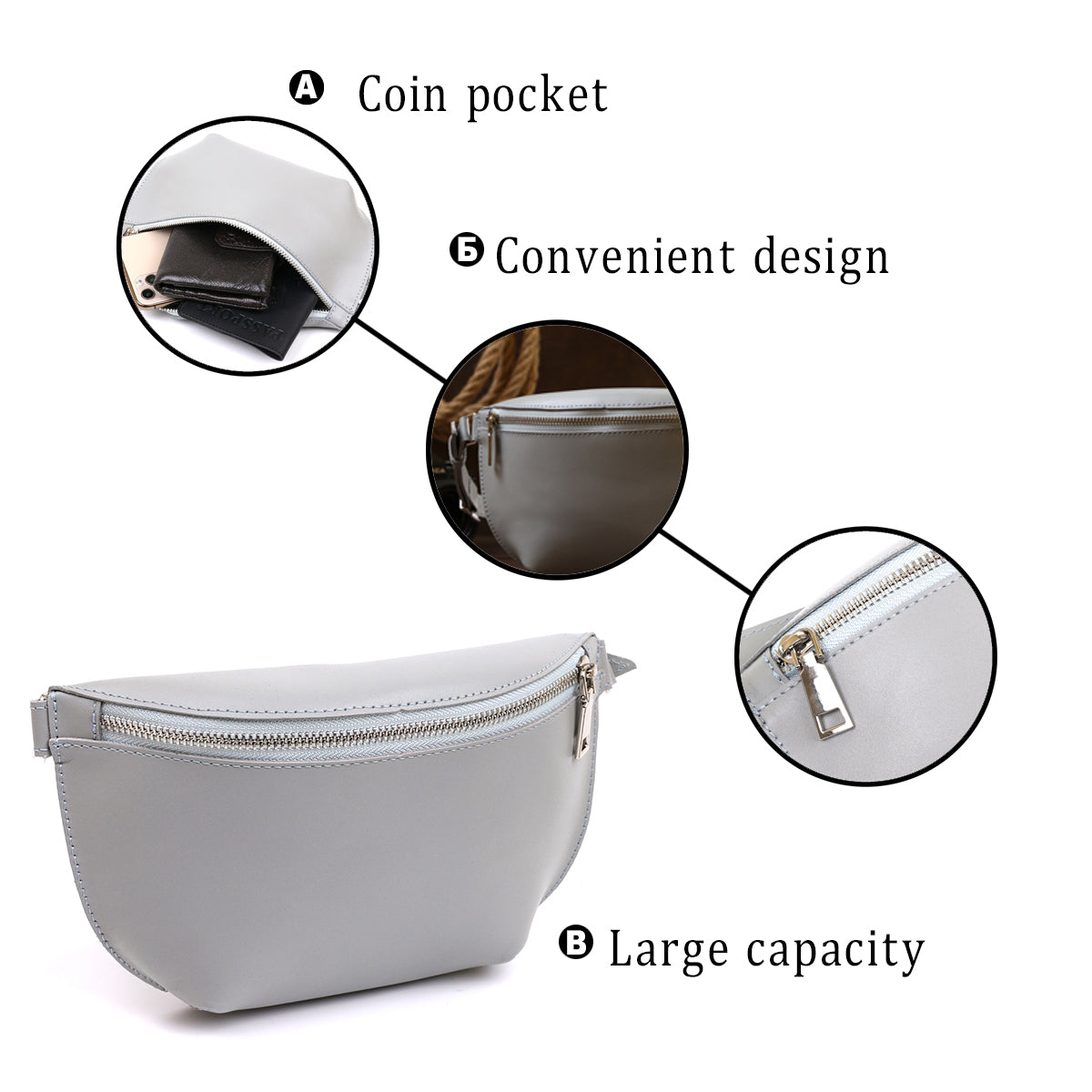 Women's Banana Bag SHVIGEL 16389 Grey Genuine Leather Crafted in Ukraine