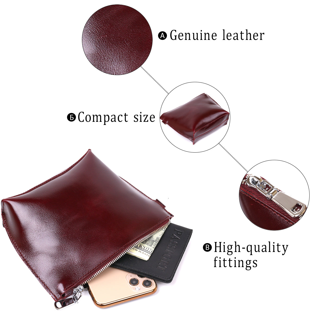 Leather Cosmetic Bag for Women SHVIGEL 16412 Burgundy Natural Leather Premium Quality