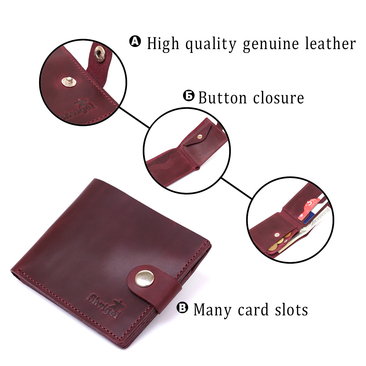 Leather Vintage Wallet SHVIGEL 16436 Burgundy | Natural Leather, Ukraine Made