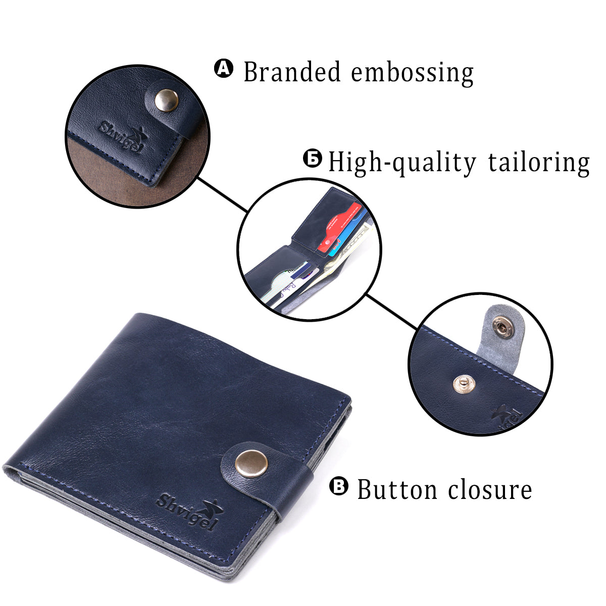 Compact Blue Leather Wallet for Men - SHVIGEL Art. 16465, Natural Leather, Made in Ukraine