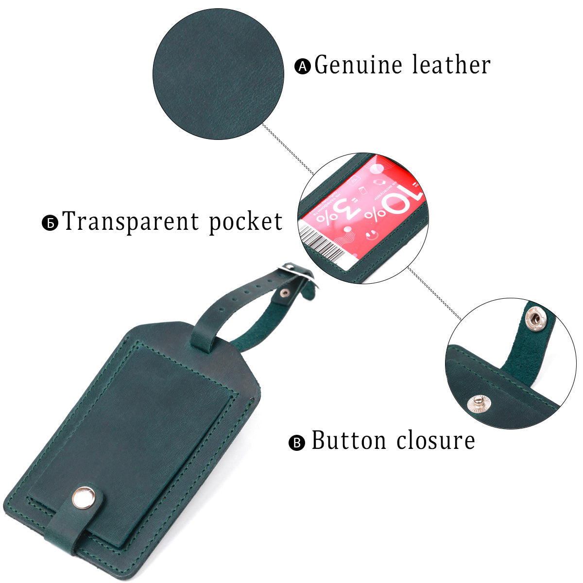 Matte Leather Luggage Tag SHVIGEL 16557 Green Natural Leather for Travel