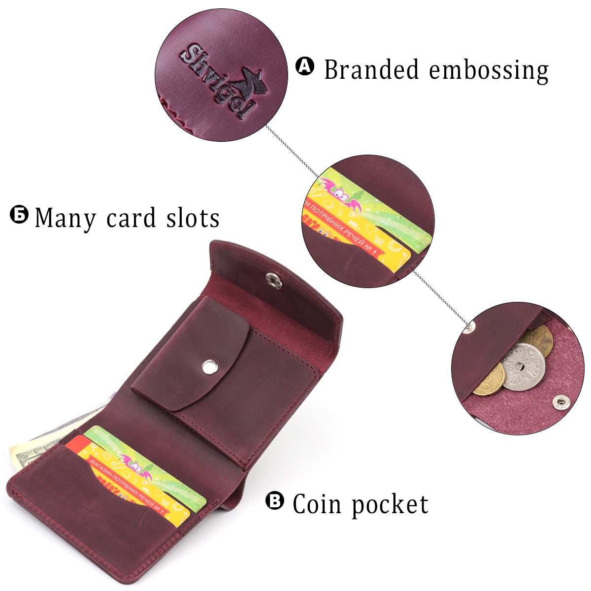 Leather Matte Wallet SHVIGEL 16616 Burgundy Natural Leather Made in Ukraine