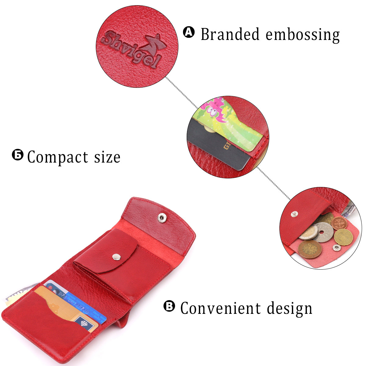 Leather Wallet for Women SHVIGEL 16618 Red Compact Design, Genuine Leather Material