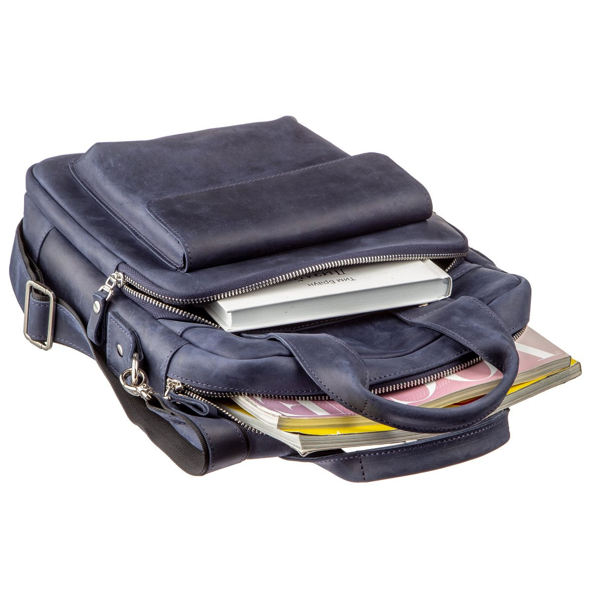 Stylish A4 Vertical Format Bag in Matte Leather by SHVIGEL, Model 11170, Blue Color