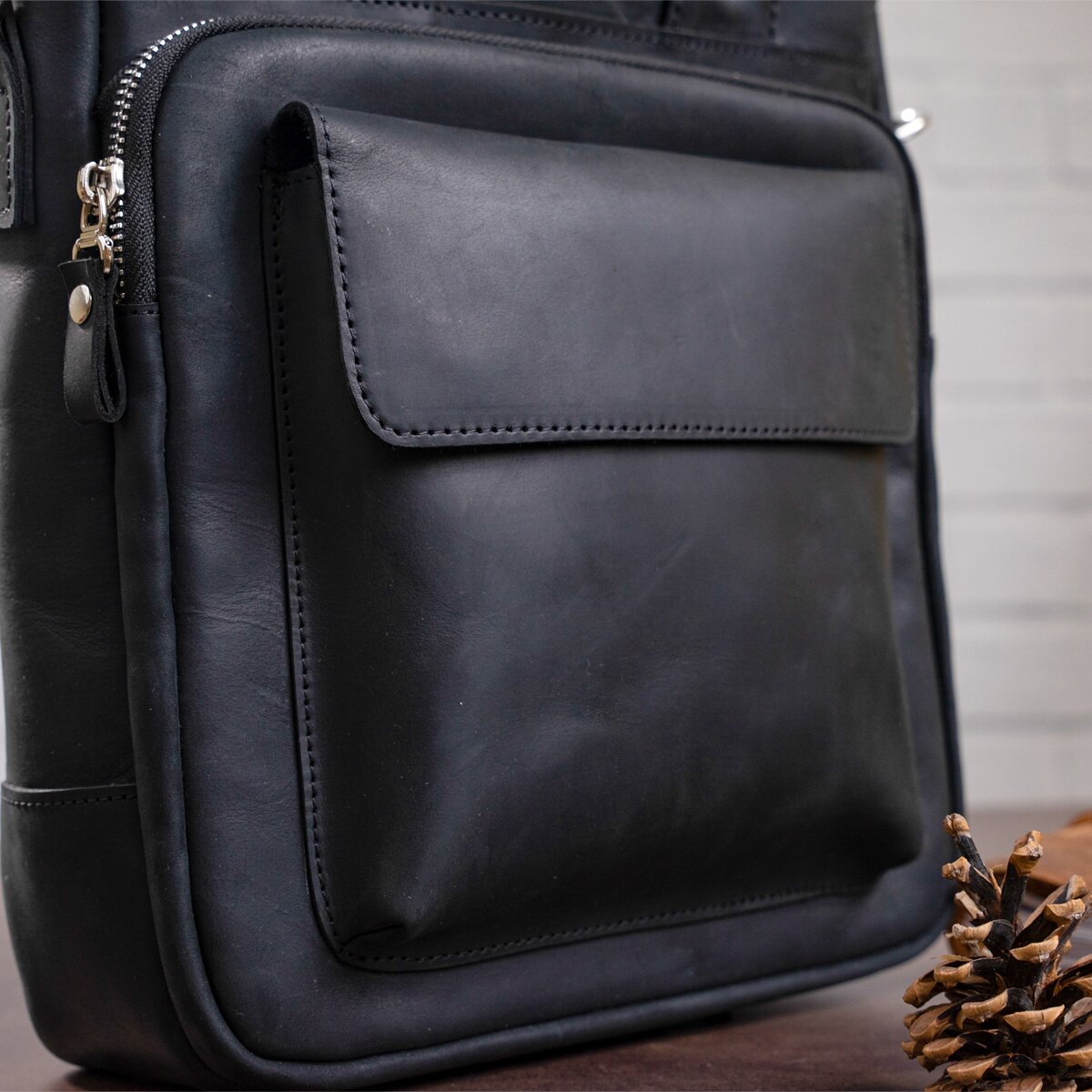 Vertical Men's Bag SHVIGEL 11169 A4 Size Black Matte Natural Leather