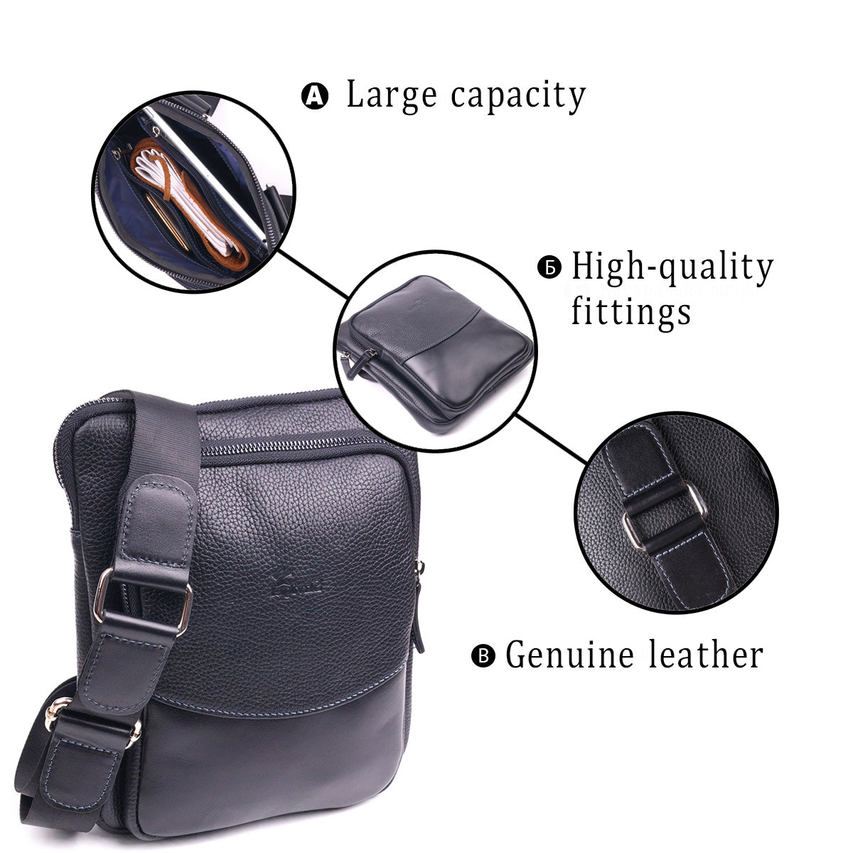 Men's Combination Leather Bag SHVIGEL 18720 Black - Premium Quality Ukrainian Craftsmanship