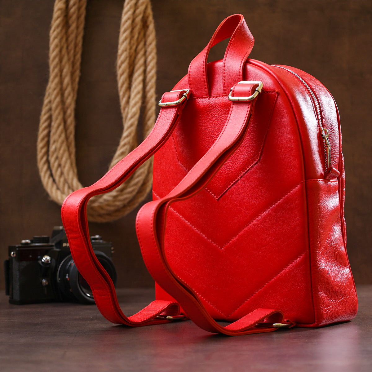 Bright Red Women's Leather Backpack by SHVIGEL, Model 16316 - Made in Ukraine