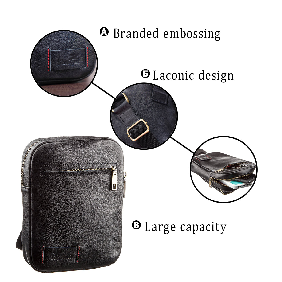 Men's Leather Bag SHVIGEL 19102 Black Natural Leather Stylish Design