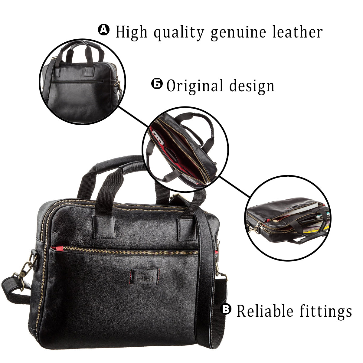 Men's Leather Laptop Bag SHVIGEL 19106 Black with Dual Compartments, Genuine Leather