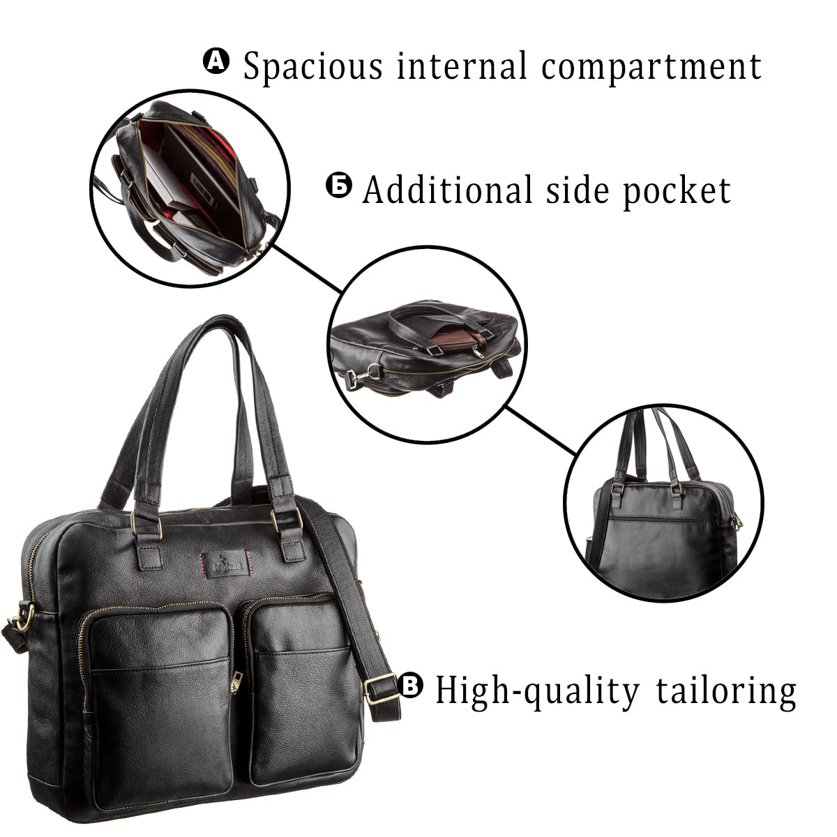 Men's SHVIGEL 19108 Black Leather Laptop Briefcase - Premium Genuine Leather