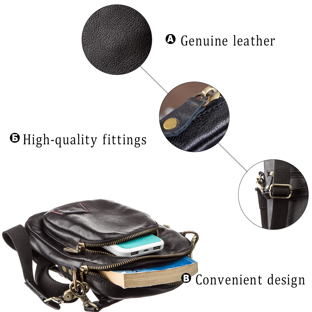Men's Leather Bag with Two Detachable Handles SHVIGEL 19110 Black Genuine Leather
