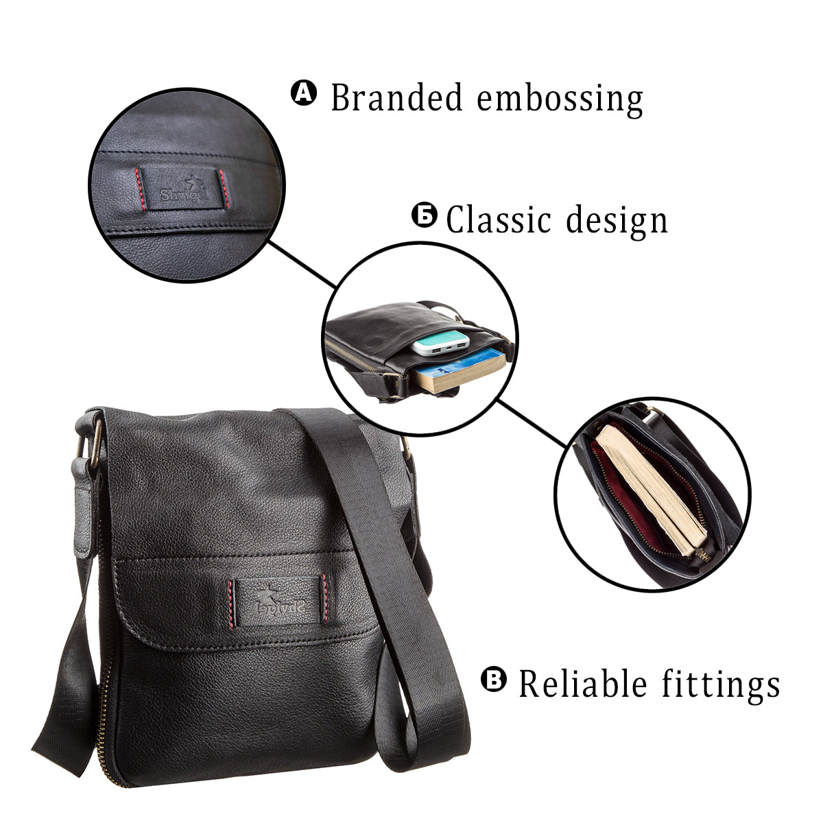 Men's Leather Messenger Bag SHVIGEL 19113 Black Natural Leather High Quality
