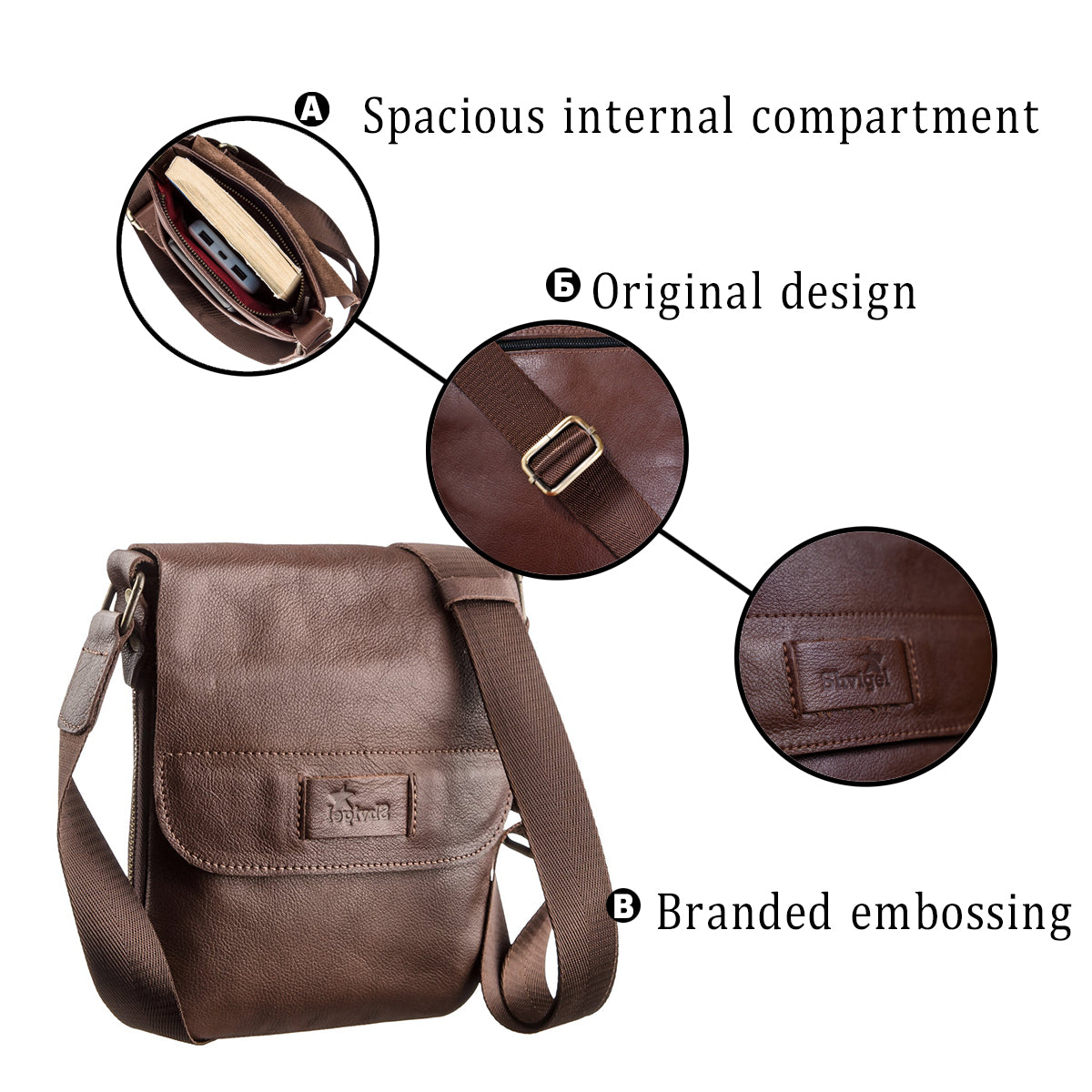 Men's Leather Tablet Bag SHVIGEL 19114 Brown Genuine Leather Handcrafted from Ukraine