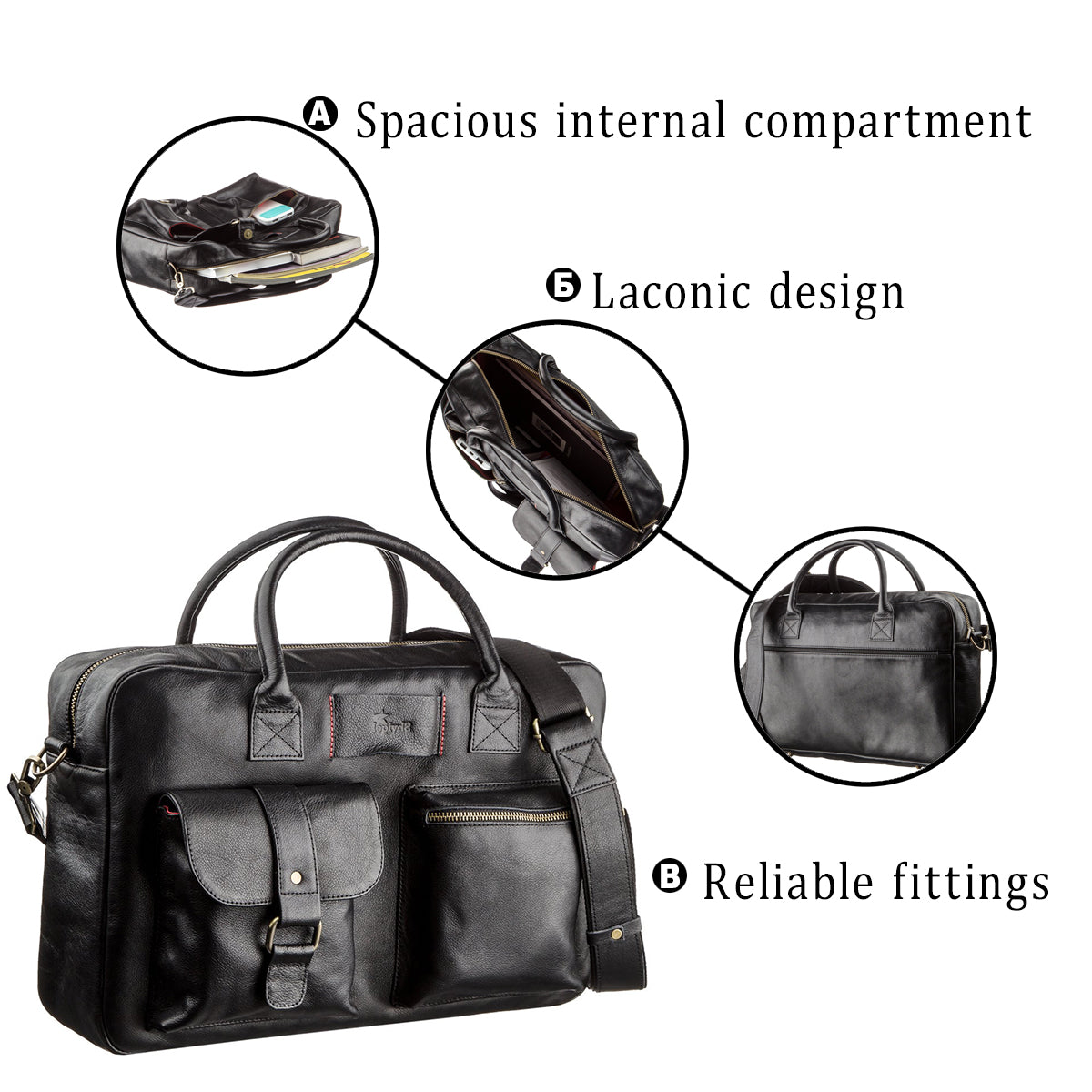 Men's Large Leather Laptop Briefcase SHVIGEL 19118 Black Natural Leather