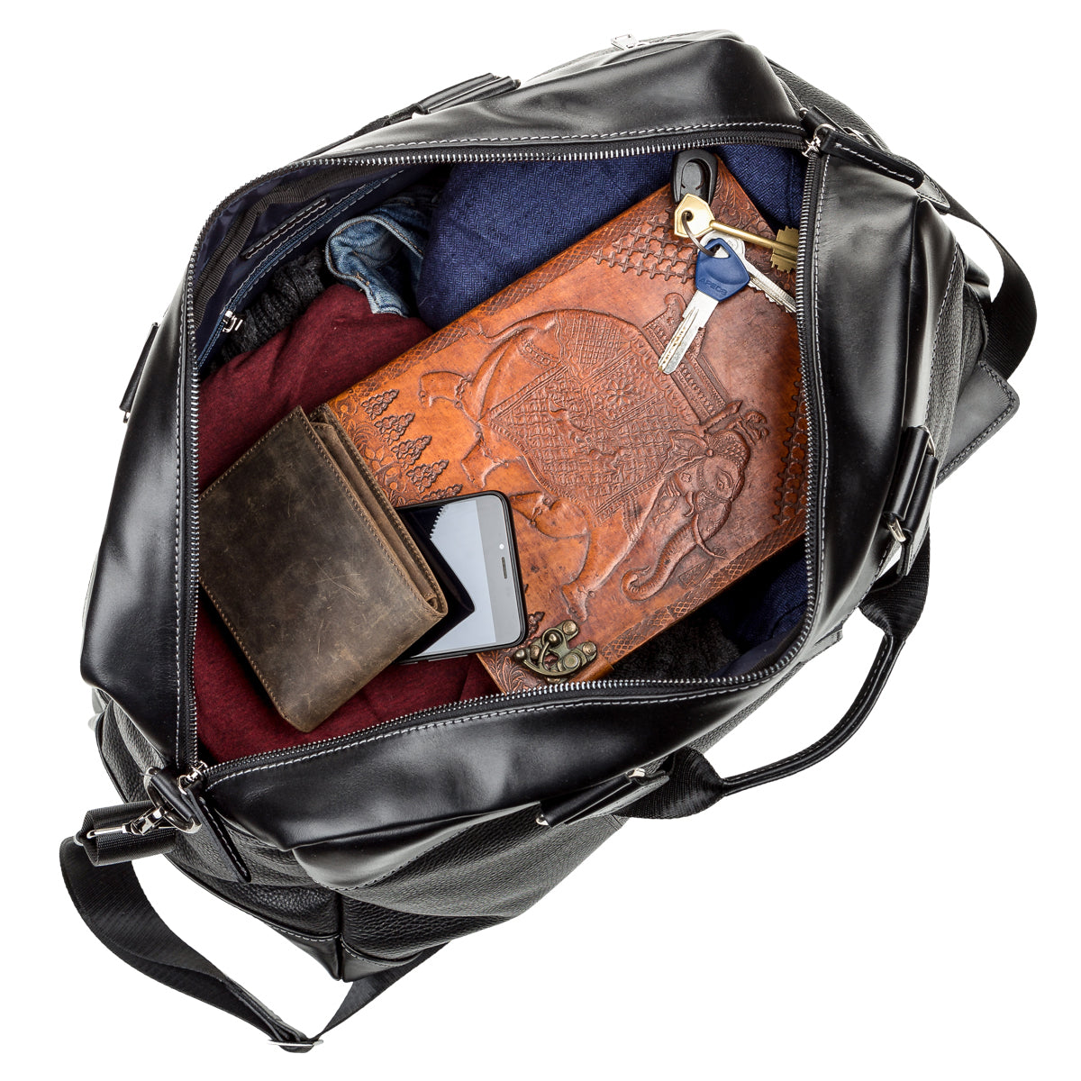 Travel Bag SHVIGEL 11120 Genuine Black Leather from Ukraine with Durable Design
