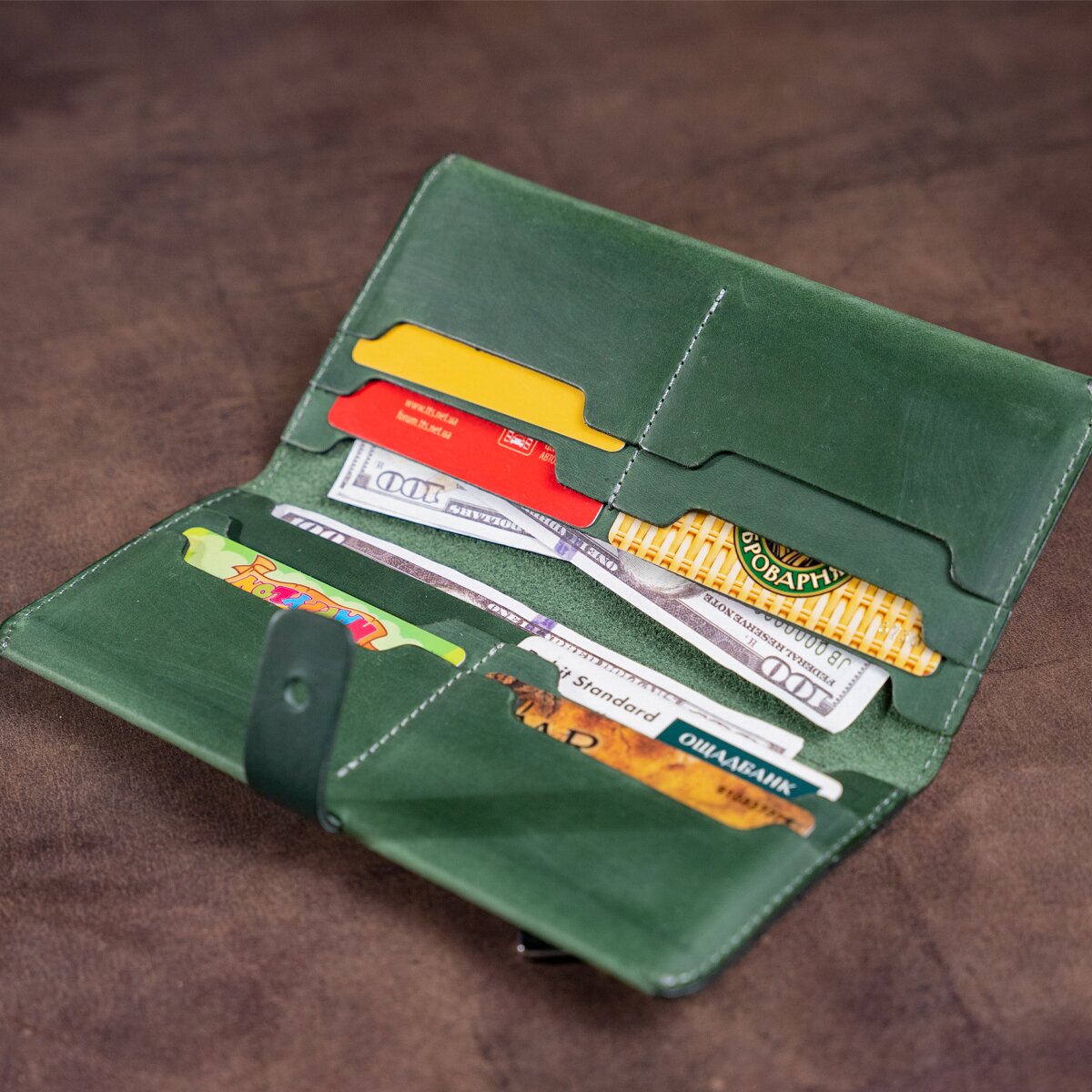Vintage Leather Wallet SHVIGEL 16206 Green - High-Quality Genuine Leather, Ukraine Made