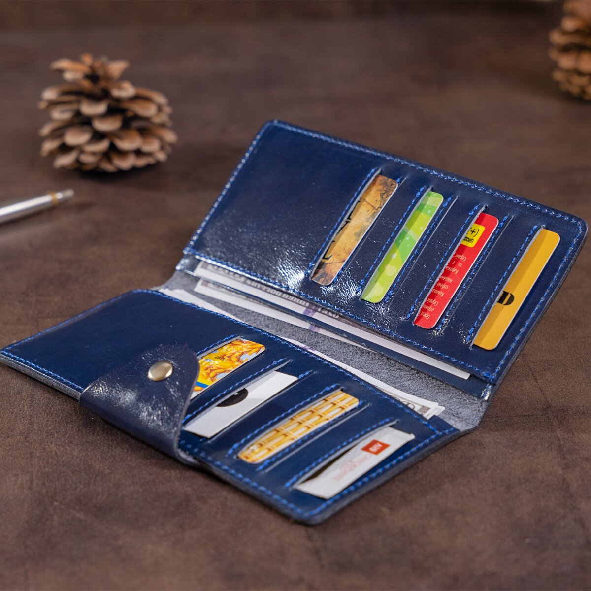 Unisex Leather Wallet SHVIGEL 16170 Blue Alcor with Buttons - Genuine Leather from Ukraine