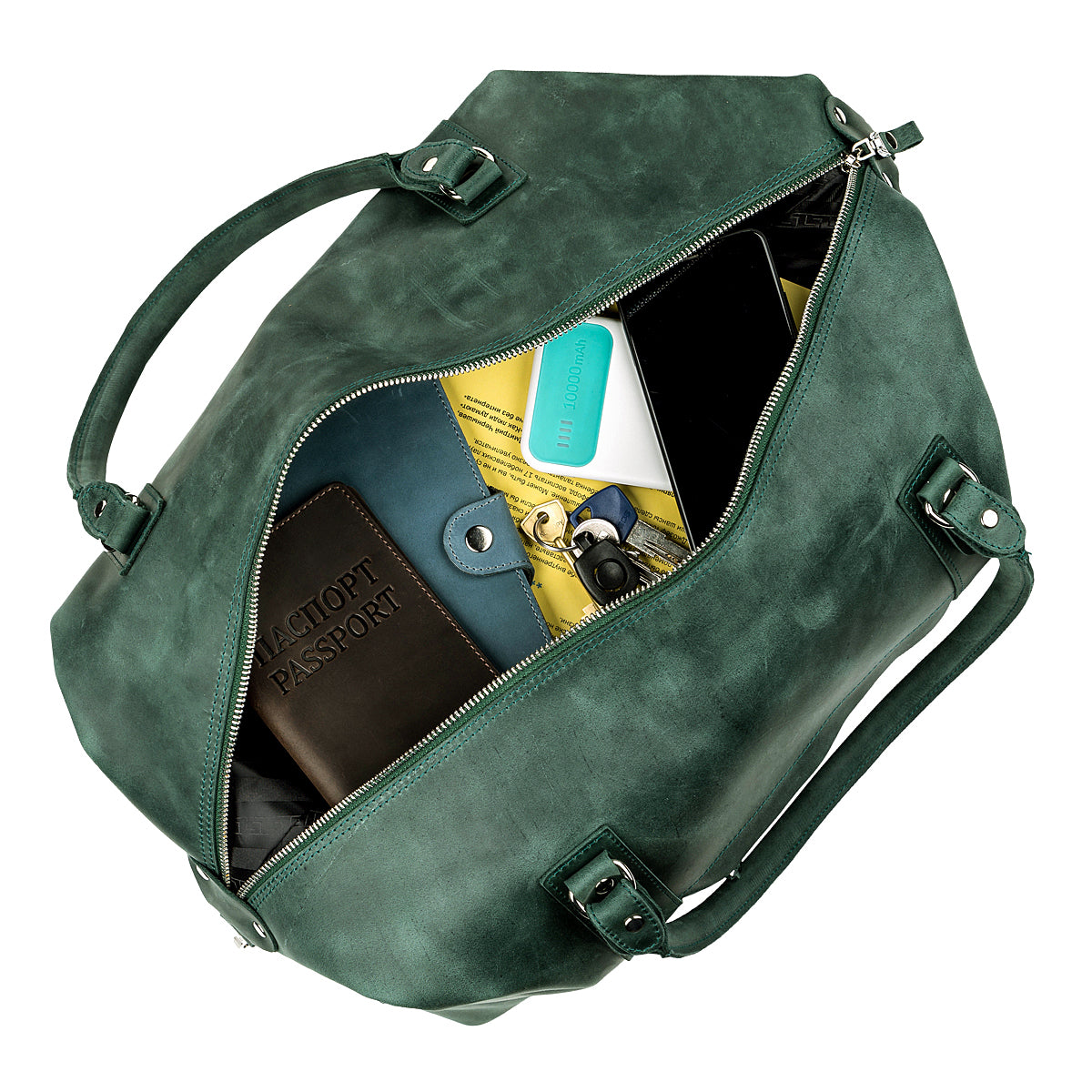 Travel Bag SHVIGEL 11128 Green Natural Leather Durable Design from Ukraine