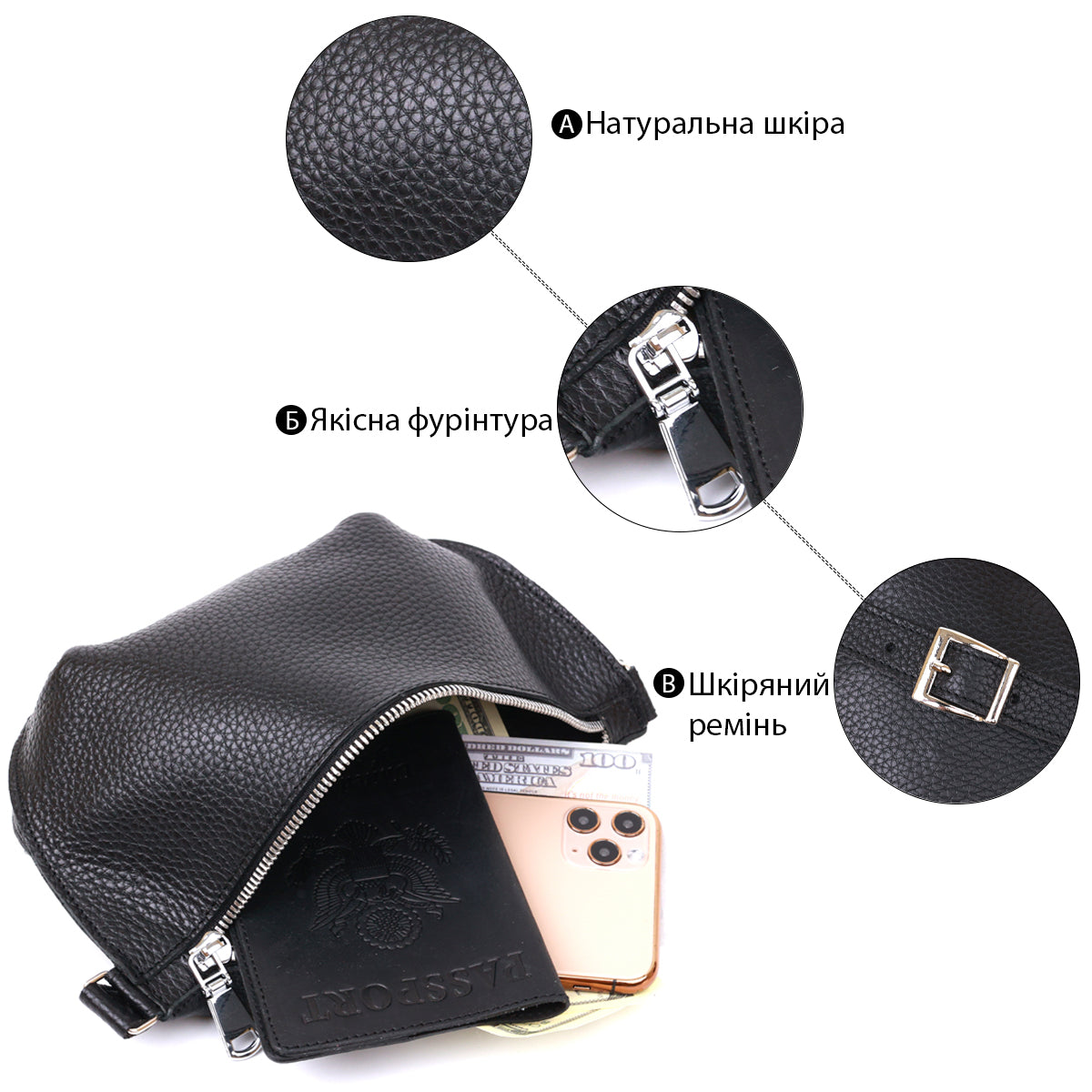 Leather Women's Banana Bag SHVIGEL 16373 Black Genuine Leather Durable Design