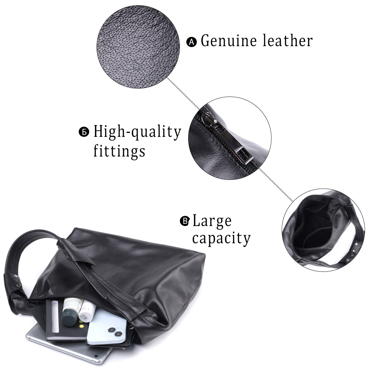 Practical Shoulder Bag for Women SHVIGEL 22828 Black Smooth Genuine Leather