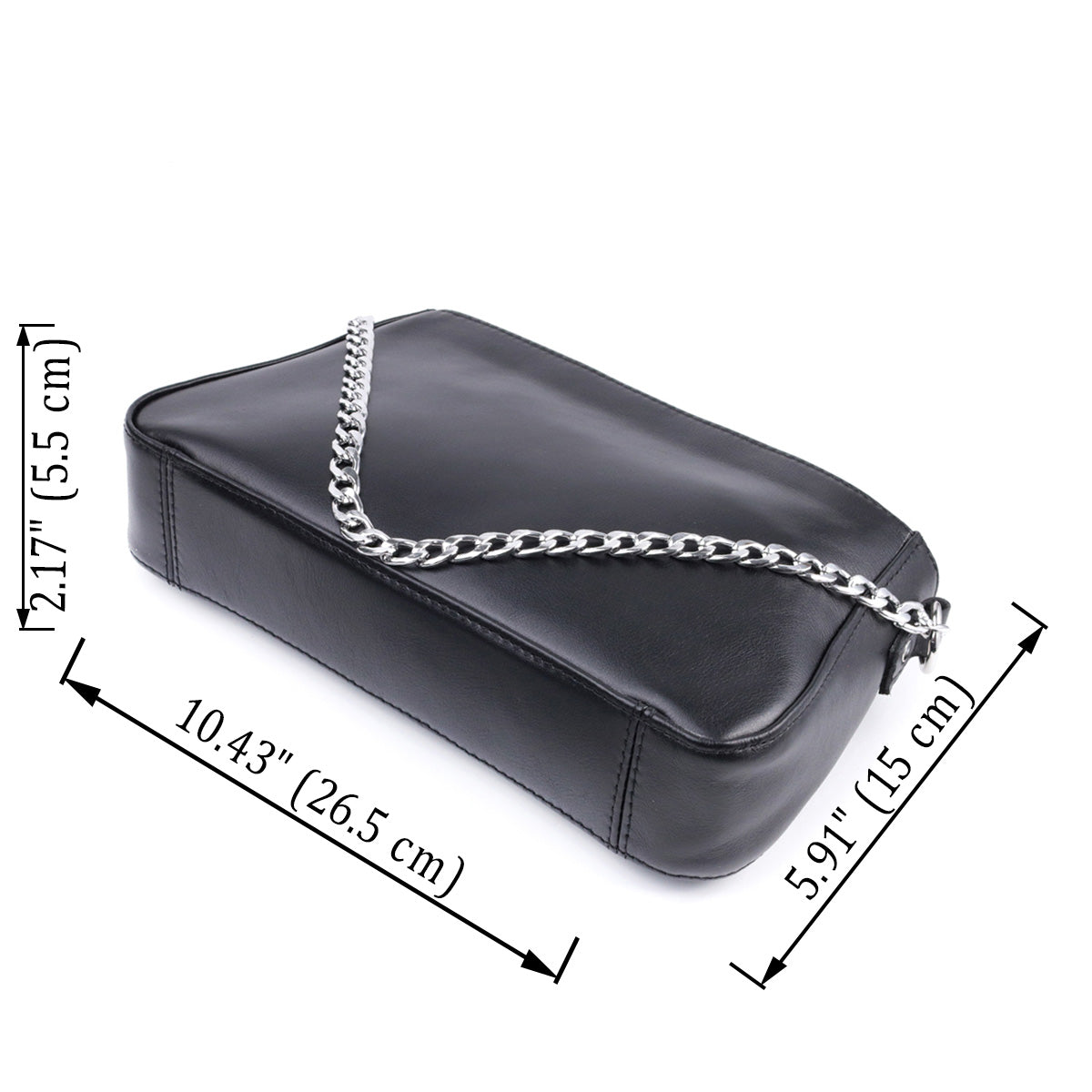 Ladies' Baguette Bag with Detachable Chain and Strap, SHVIGEL 22838, Black Leather