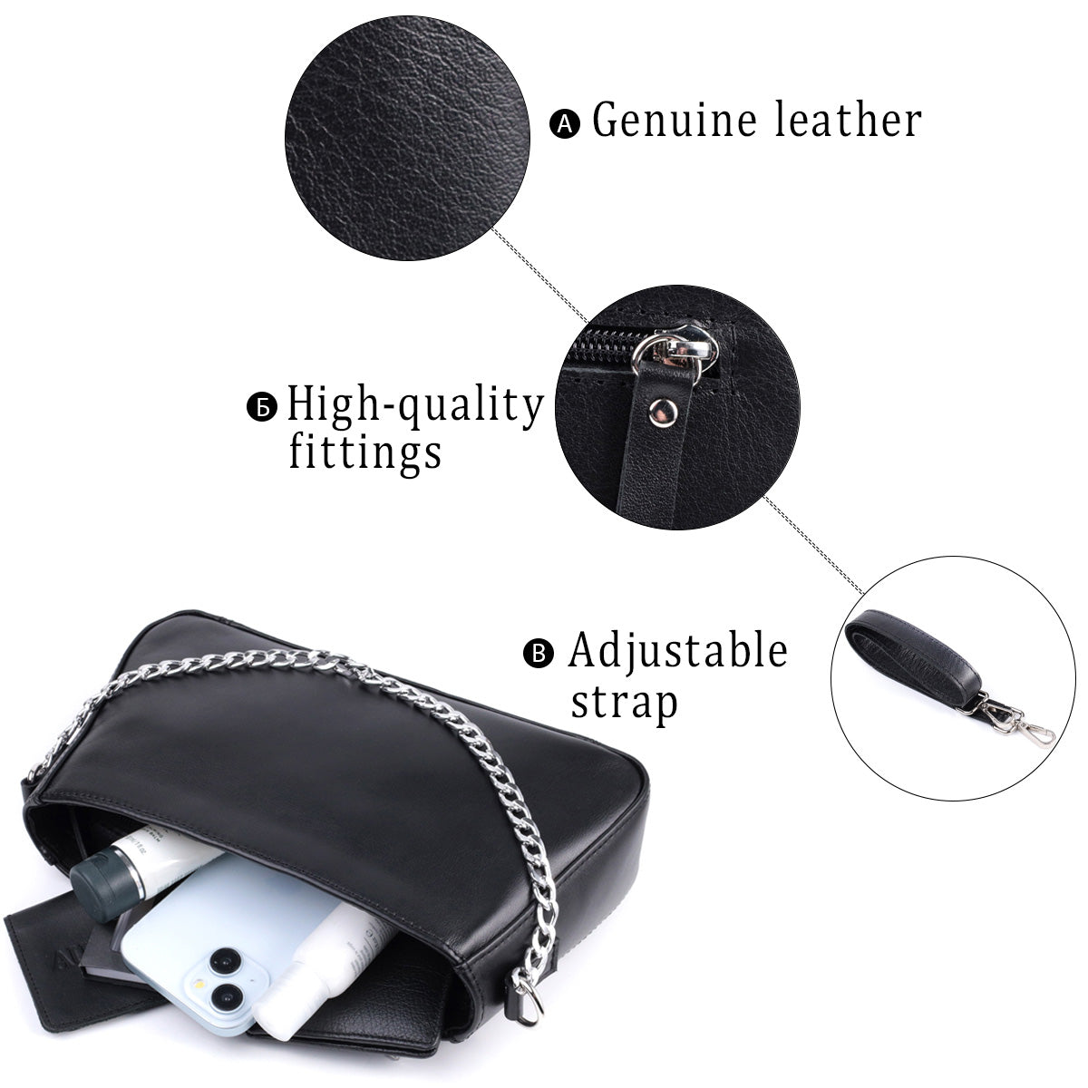 Ladies' Baguette Bag with Detachable Chain and Strap, SHVIGEL 22838, Black Leather