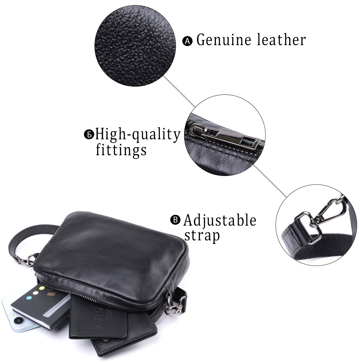 Classic Shvigel Crossbody Bag 22841 in Smooth Black Genuine Leather