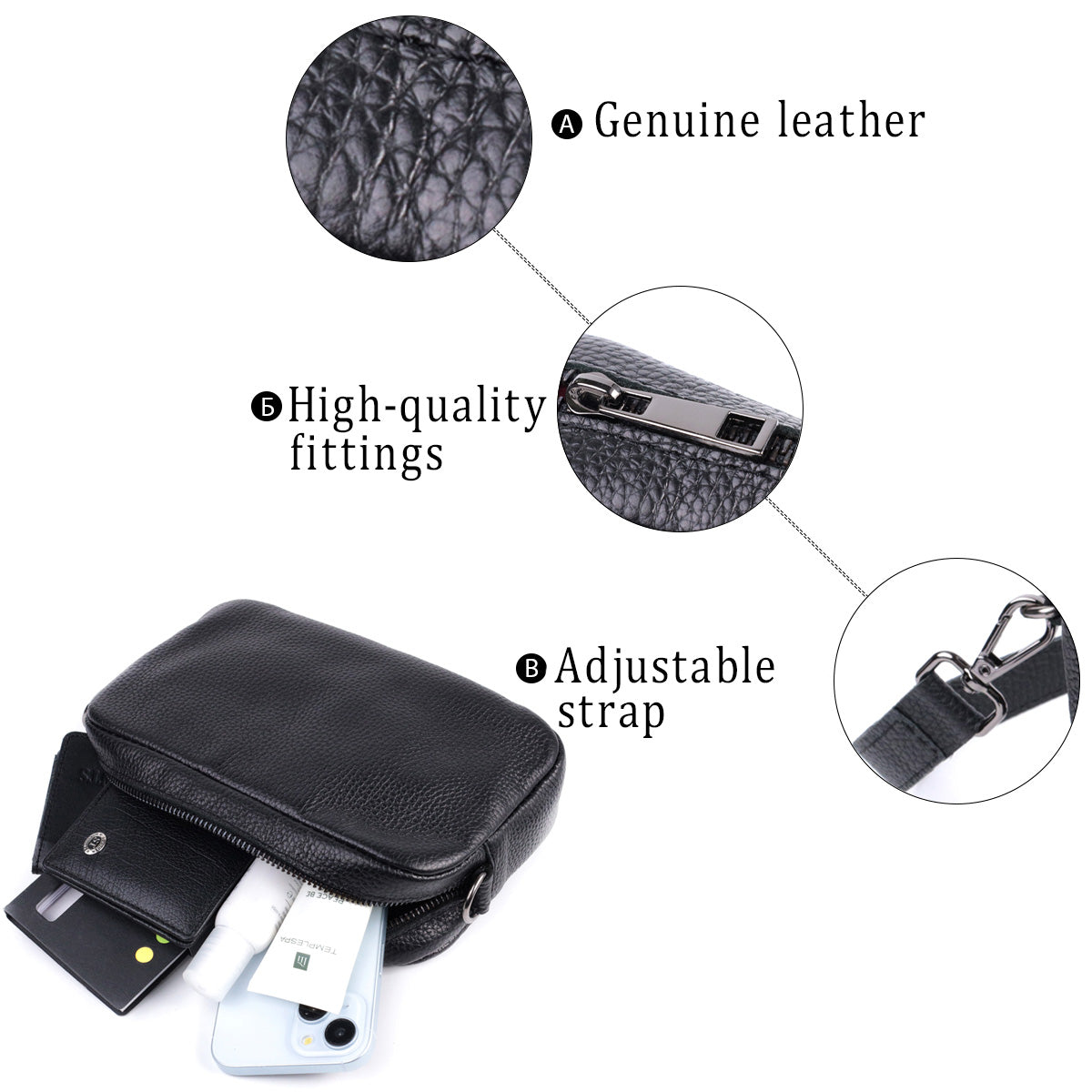 Classic Crossbody Bag Made of Grain Leather by SHVIGEL 22842 - Black Color, Premium Quality