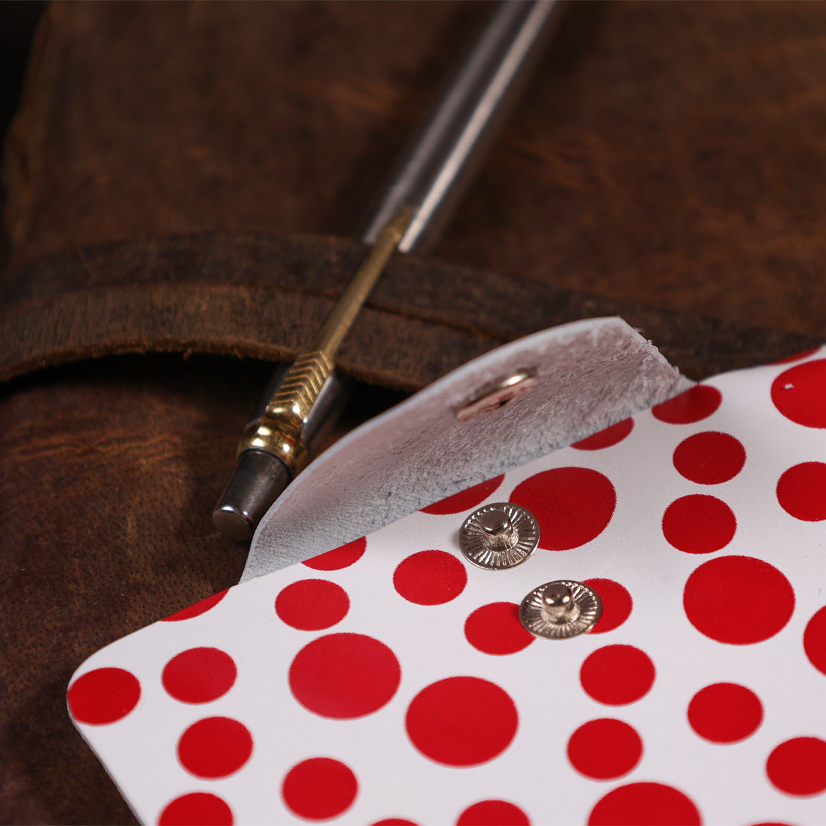 Leather Vertical Business Card Holder SHVIGEL 19081 Red Polka Dot Genuine Leather