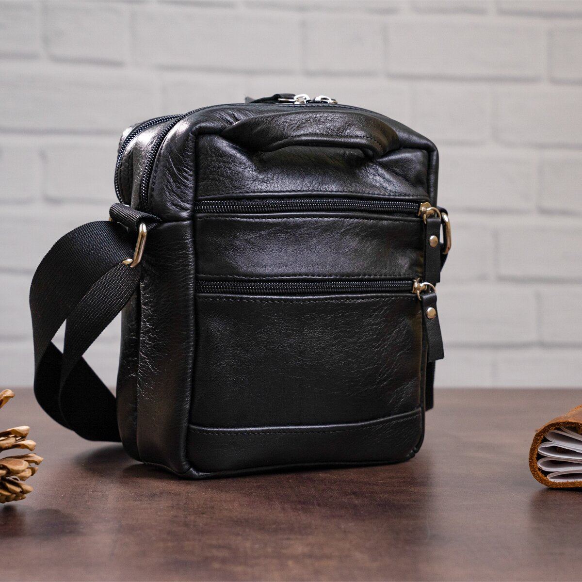 Men's Leather Bag SHVIGEL 00926 Black Handmade in Ukraine, Durable Natural Leather